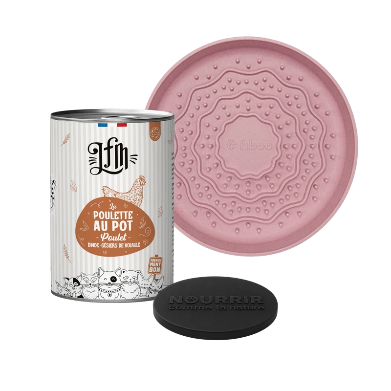 Routine hydratation chat : 6 pâtées Poulette au pot + 1 mini bol de léchage + 1 couvercle
