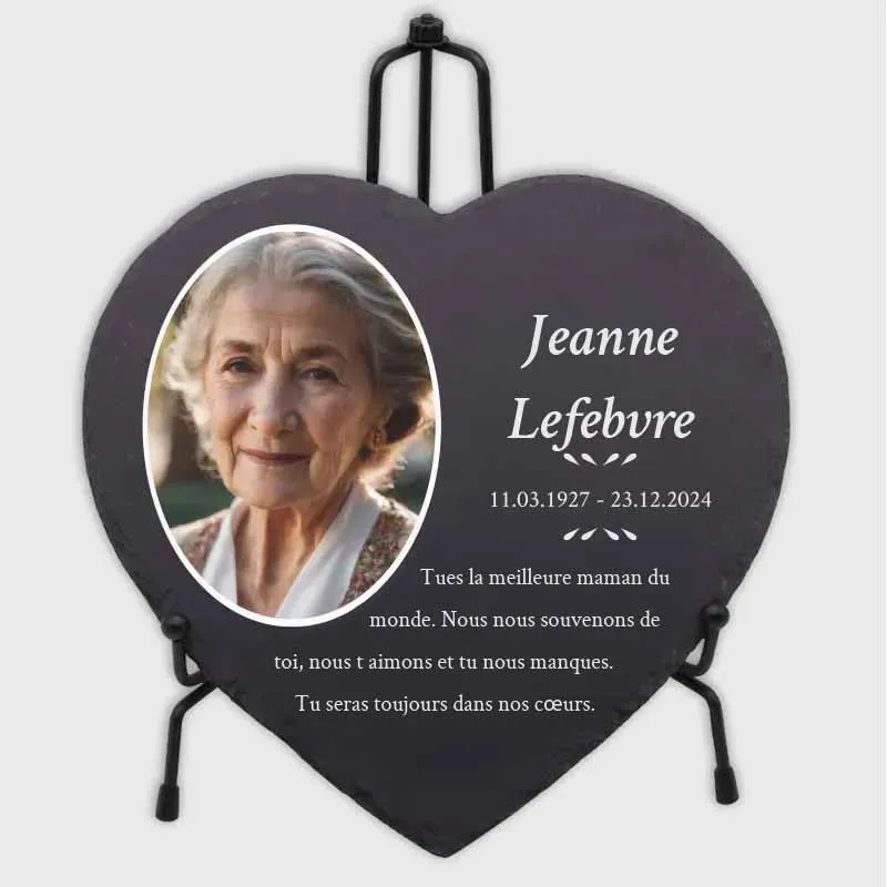 Plaque funéraire personnalisée en forme de cœur avec photo - Souvenir, 3 tailles | Pierre tombale en ardoise gravée