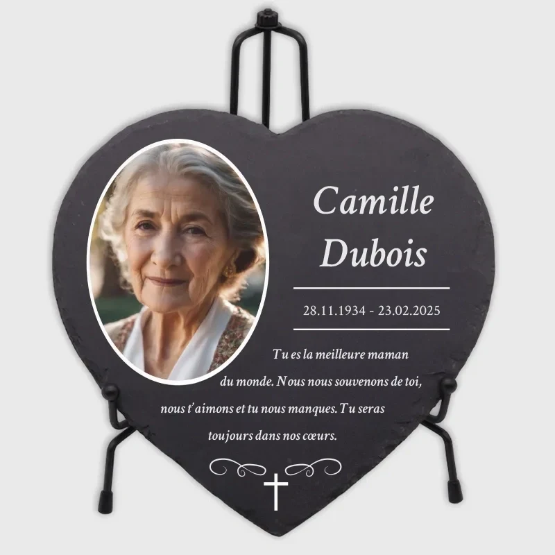 Plaque funéraire personnalisée en forme de cœur avec photo - Croix, 3 tailles | Décoration tombale en ardoise gravée