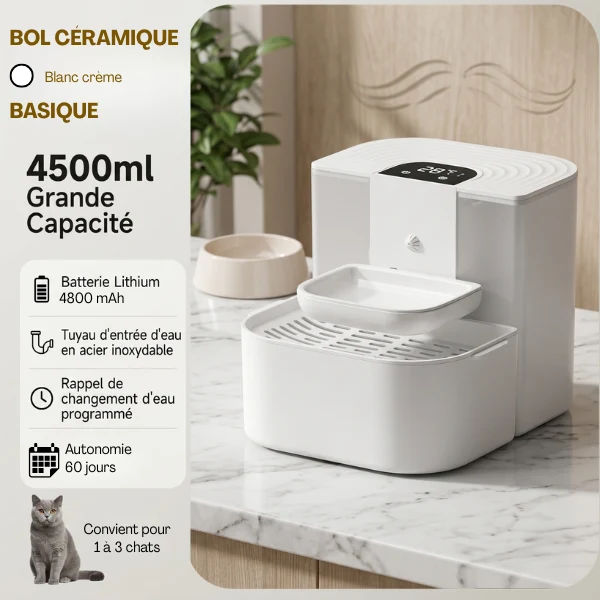 Distributeur à eau pour chat - Sans filtre et bol céramique - HydroCeram™