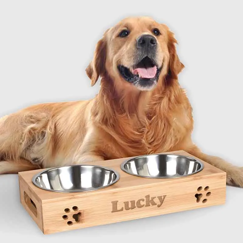Porte-gamelles pour chien personnalisée - Naturelle - 2 gamelles en inox