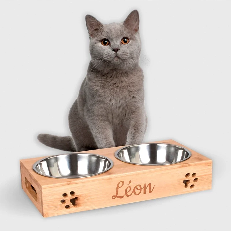 Gamelle pour chat personnalisée avec nom – Station de nourriture pour chat | Gamelle personnalisée en bambou