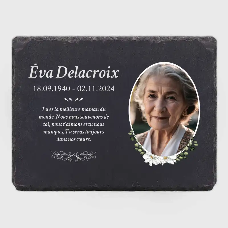 Plaque commémorative personnalisée avec texte et photo – Fleurs, 3 tailles | Pierre tombale d'ardoise gravée
