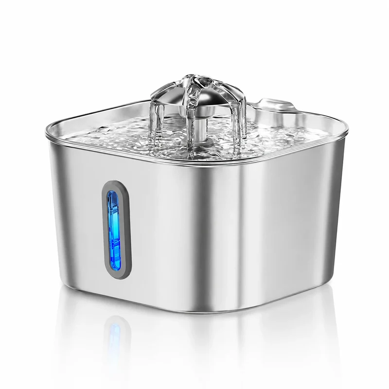 Fontaine à eau pour chat en inox - Cascade fleur à hublot LED 2,2 L, plusieurs points d'eau