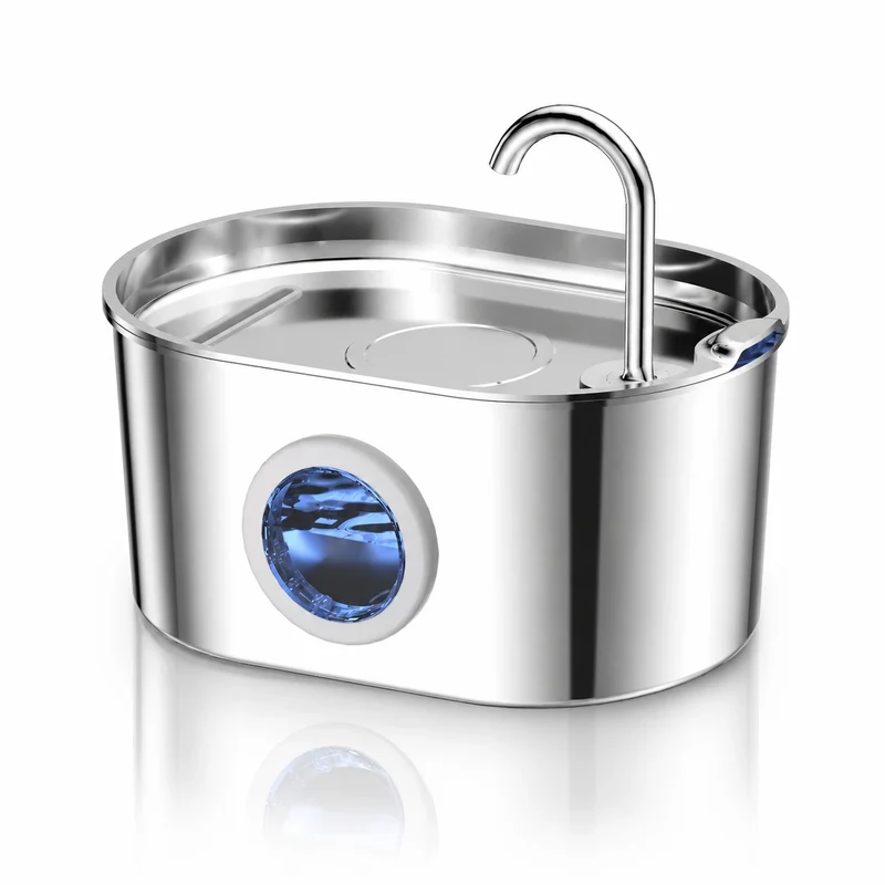 Fontaine à eau pour chat en inox ovale - Bec robinet à hublot LED 2,2 L, silencieuse