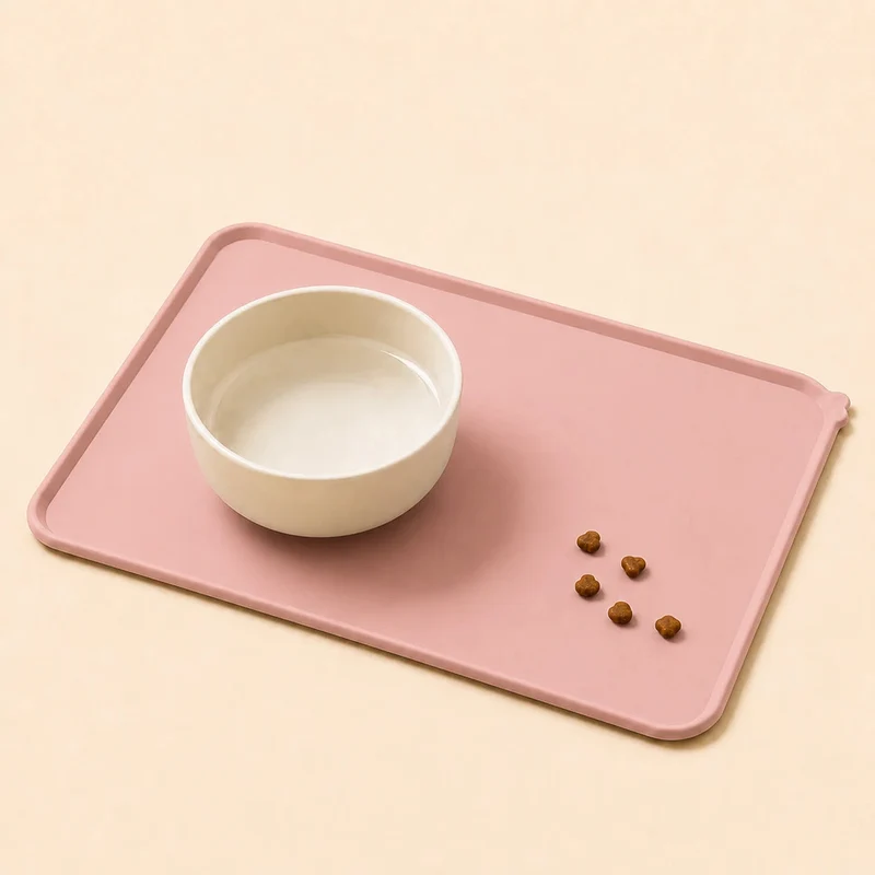 Tapis silicone anti-débordement rose pour gamelle et fontaine chat - 48 × 30 cm