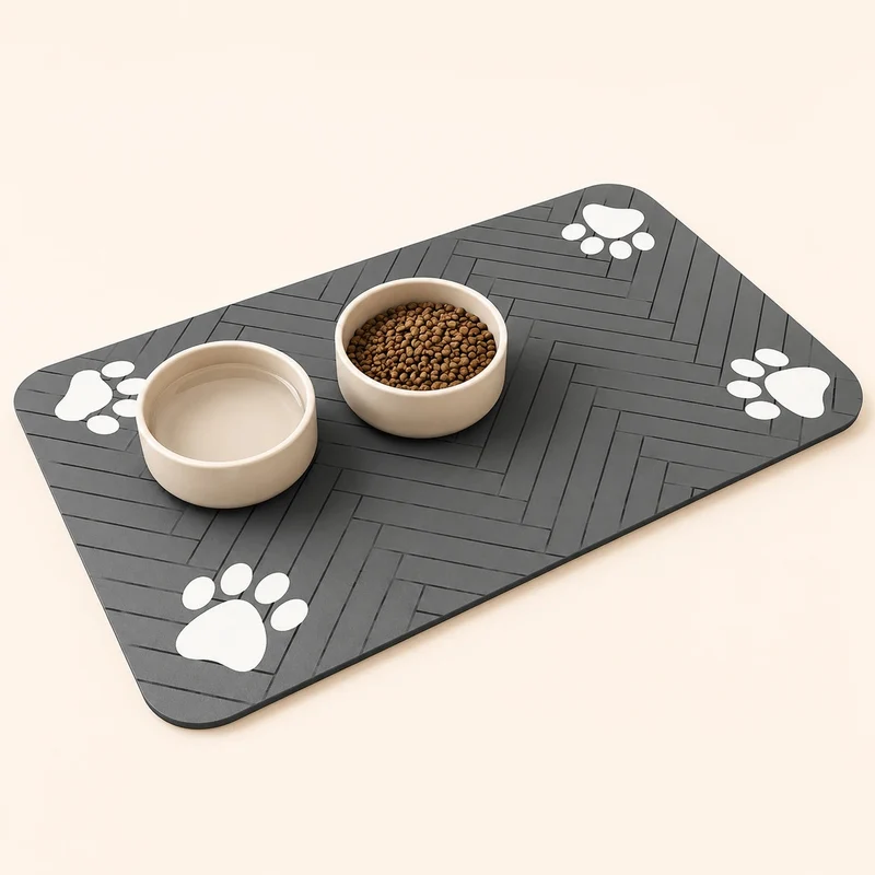 Tapis sous-bowl absorbant 40 × 60 cm pour fontaine et gamelle chat - Gris