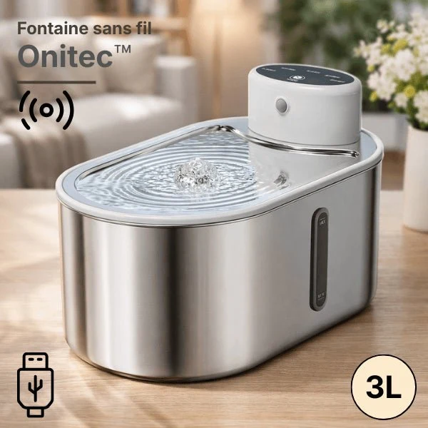 Fontaine à eau chat sans fil inox à source centrale - Onitec™