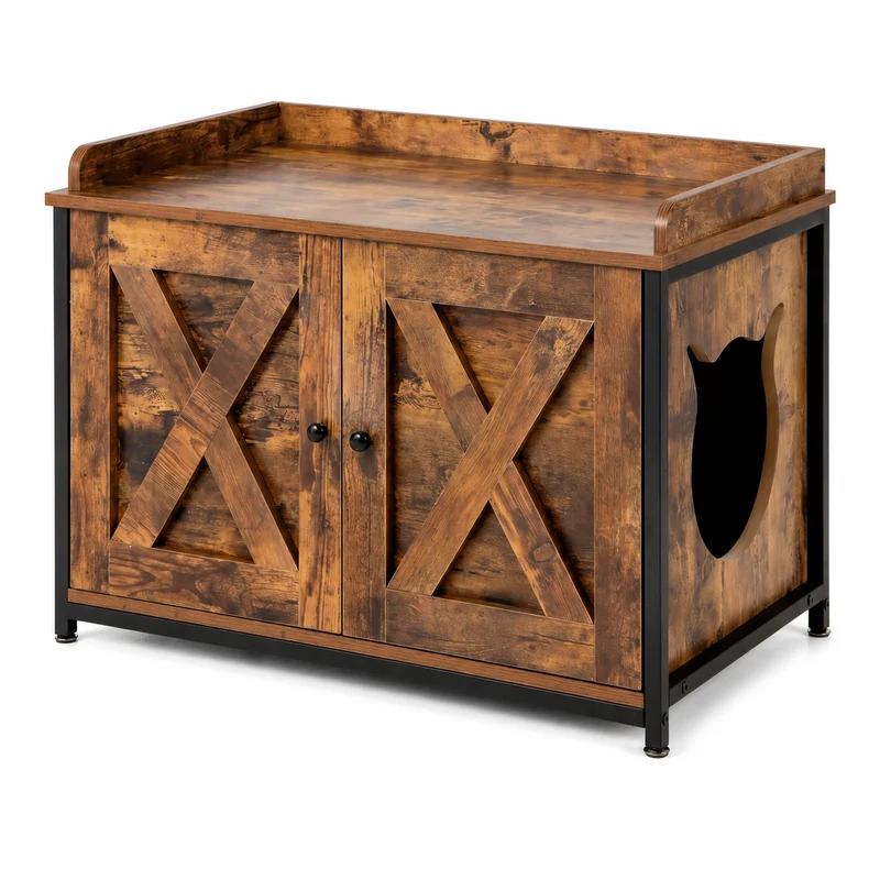 Meuble Litière Chat Style Table de Nuit Industrielle à Double Portes