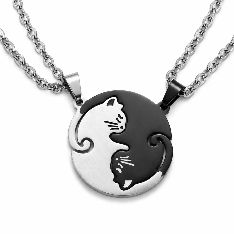 Collier de couple à design de chat en acier inoxydable