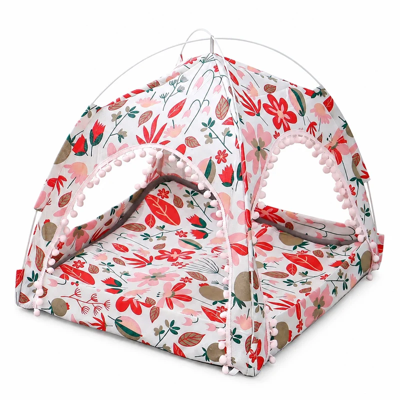 Tente pour chat pliable et portable en maille avec dessins de fleurs et plantes