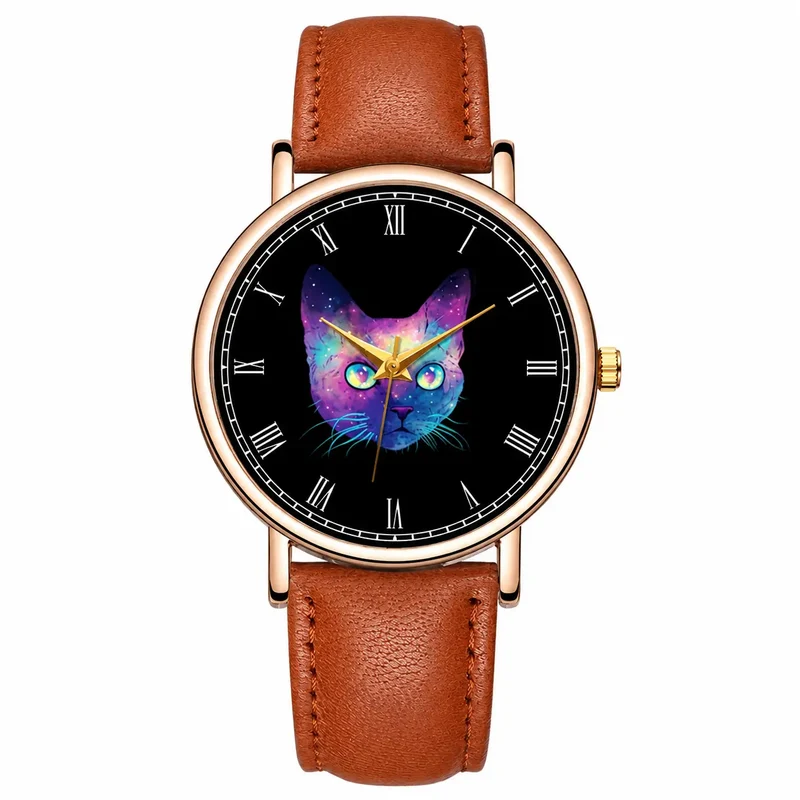 Montre à quartz en cuir avec impression de chat pour femme