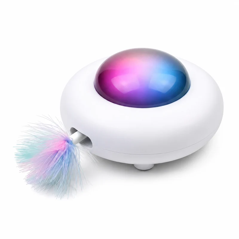 Jouet intelligent lumineux et rechargeable en forme d'ovni avec plumes pour chat
