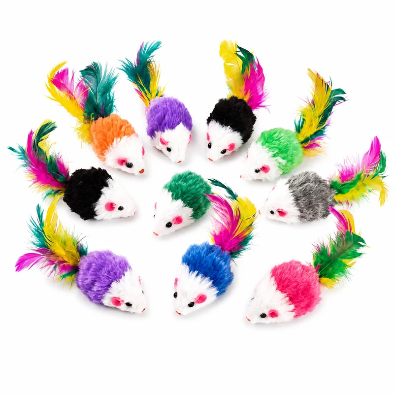 Ensemble de dix souris en peluche avec plumes colorées pour chat