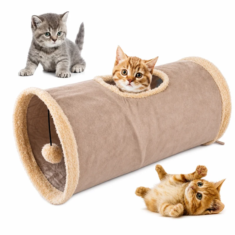 Tunnel de jeu pliable avec pompon en tissu suédé pour chat