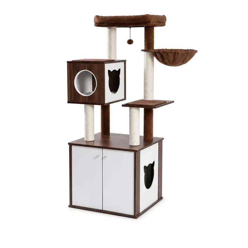 Arbre à chat marron en bois massif pour chat Main coon