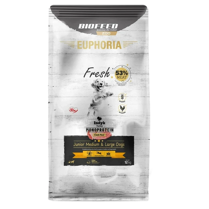 Nourriture Biofeed Euphoria Fresh Junior Medium & Large Monoprotein Turkey Dinde 12 kg Petit/Junior 12,7 KG