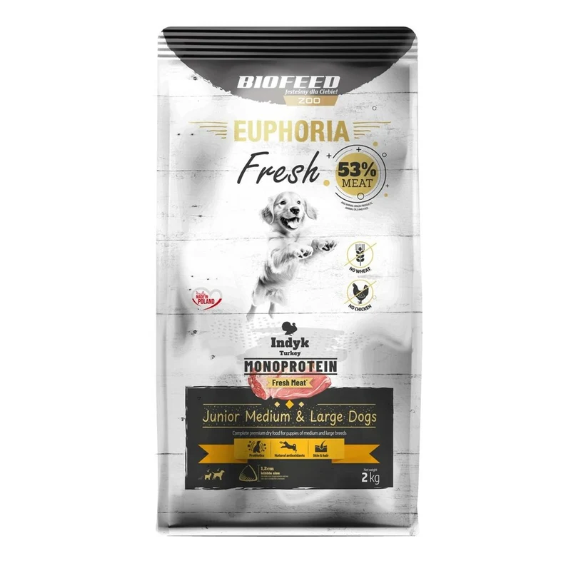Nourriture Biofeed Euphoria Fresh Junior Medium & Large Monoprotein Turkey Dinde 2 Kg Petit/Junior 2,3 Kg