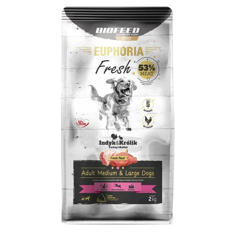 Nourriture Biofeed Euphoria Adult Medium & Large dogs Turkey with rabbit Dinde 2 Kg Adulte 2,3 Kg