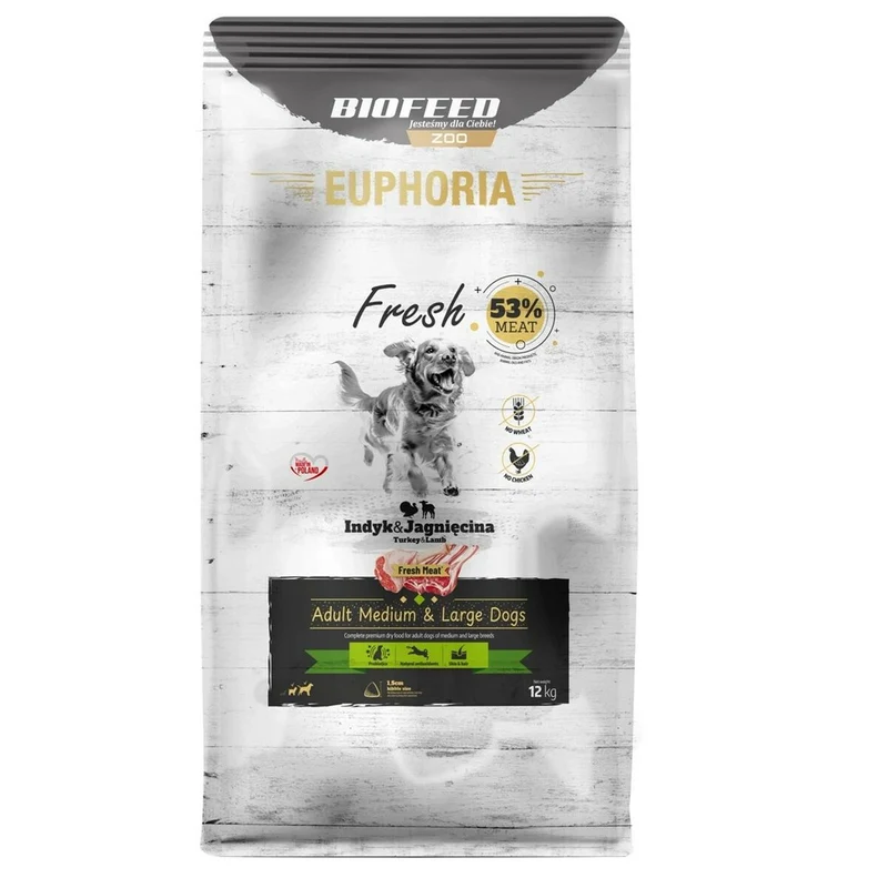 Nourriture Biofeed Euphoria Fresh Adult Medium & Large Turkey with lamb Dinde 12 kg Adulte 12,7 KG