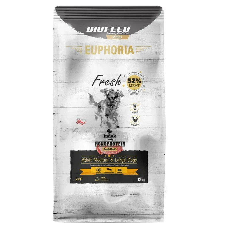 Nourriture Biofeed Euphoria Fresh Adult Medium & Large Monoprotein Turkey Dinde 12 kg Adulte 12,7 KG
