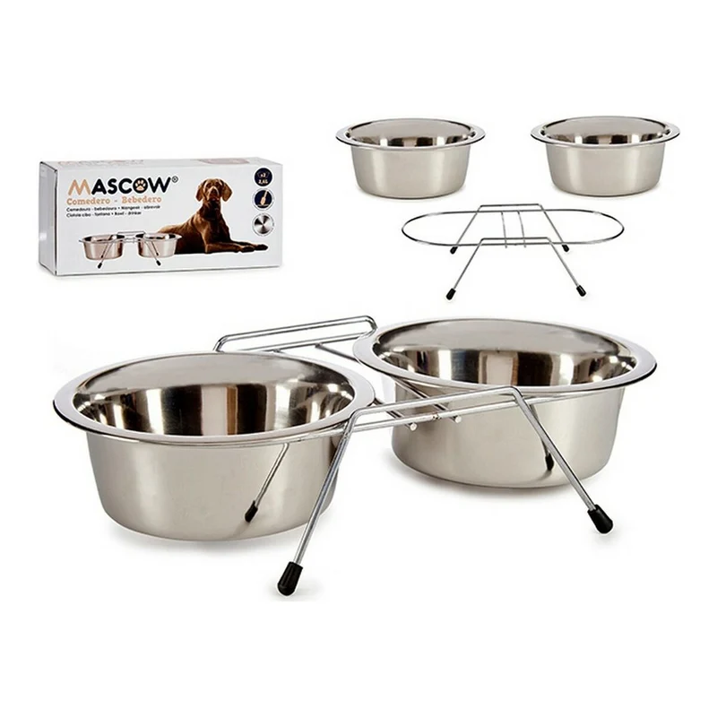 Mangeoir pour animaux Double 24,5 x 11 x 52,5 cm Argenté Acier inoxydable 2,6 L (2 x 2600 ml)